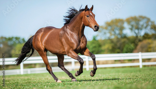 芝の上をはしるサラブレッドの馬