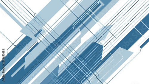 Abstract blue and white geometric background with intersecting lines and shapes, suggesting technology or modern design.