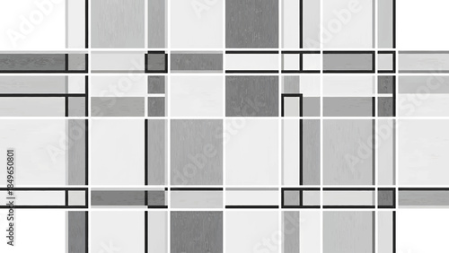 A geometric abstract pattern in shades of grey and white, featuring a grid of intersecting lines forming various rectangular shapes.