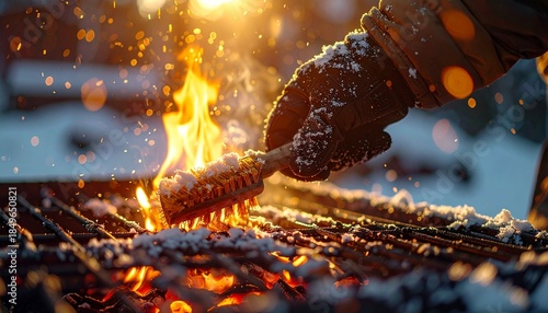 Male hand with gloves in snowy winter scene cleaning  Grill with stiff metal brush. 