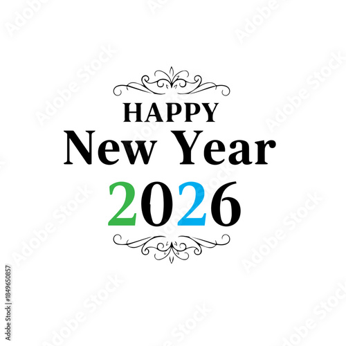 Elegant black typography announces happy new year 2026 design featuring subtle green and blue accents framed by delicate vintage swirls on a clean white background