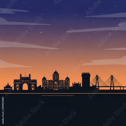 Mumbai skyline silhouette at sunset iconic landmarks and cityscape vector illustration for travel and tourism