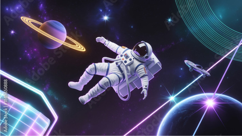 Astronaut floating in space with planet rings and stars brightly shining around