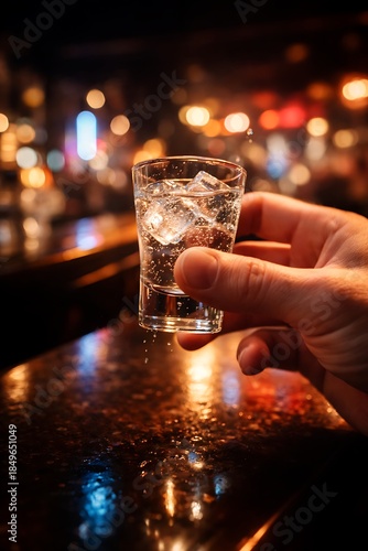 Celebratory vodka shot being lifted by fingers, slight motion blur, bar bokeh lights in background, candid cinematic realism.