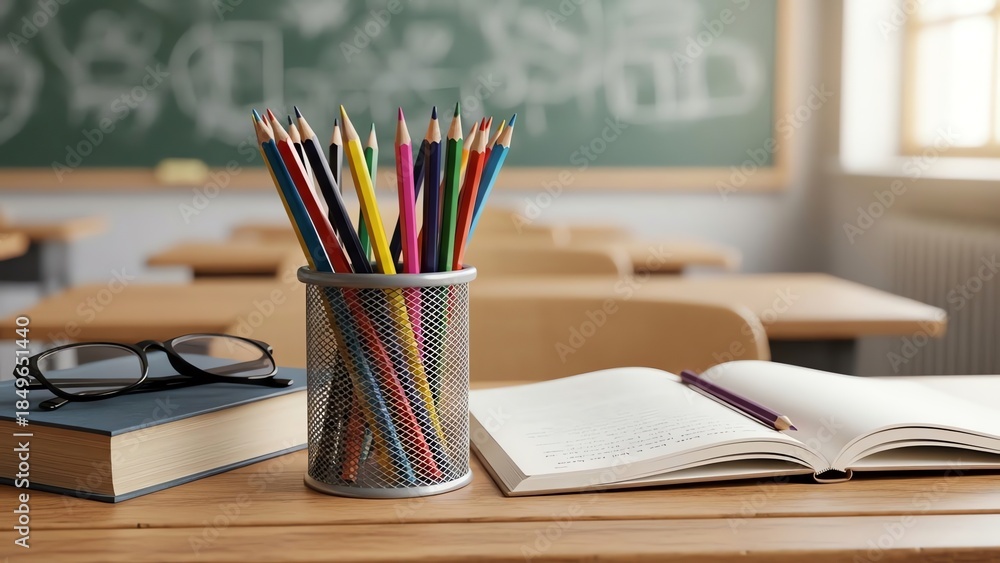 Fototapeta premium Classroom desk with pencils notebook and glasses