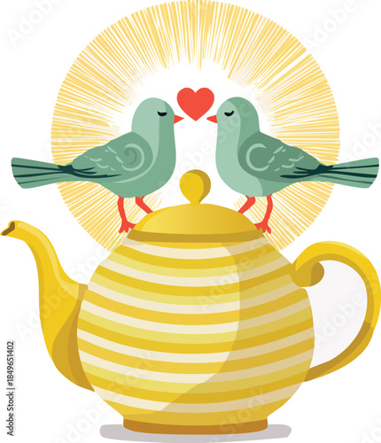Love Birds on Teapot Valentine Cartoon Vector Illustration