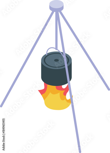 Camping bowler over burning campfire on a tripod stand, preparing a meal outdoors