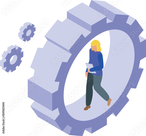 Project manager walking inside huge gear managing workflow process, controlling task completion and optimizing performance