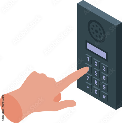 Hand using an intercom keypad, pressing a button to enter a security code