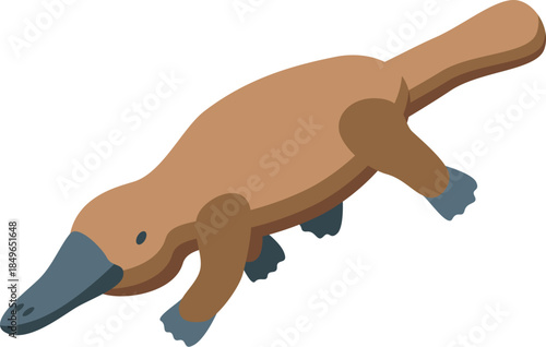 Isometric view of a platypus swimming, showcasing its bill, webbed feet, and brown fur