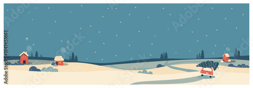 Minimalist landscape flat design winter countryside illustration with snowfall, pine trees, and cozy cottages for Christmas and New Year.