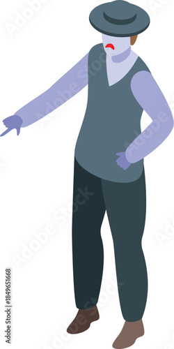 Mime artist wearing a hat, gloves and classic costume pointing with finger and expressing sadness