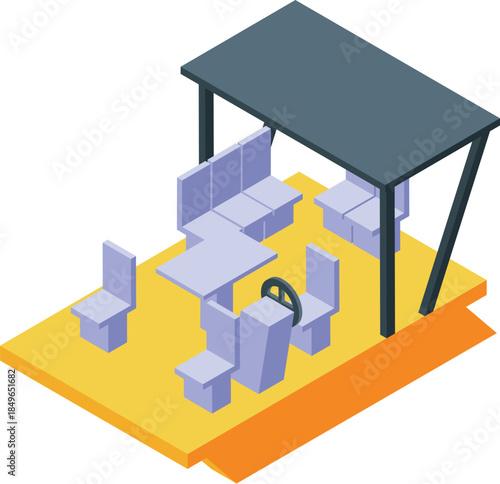 Pedal boat offering comfortable seating, table, steering wheel, and canopy, ideal for leisurely river trips