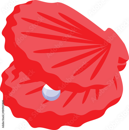 Shiny pearl growing inside a red scallop shell, perfect for representing luxury, jewelry, and marine life