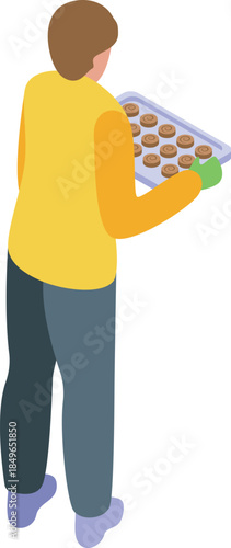 Baker carrying a tray of cookies, wearing gloves and an apron, viewed from behind in isometric projection