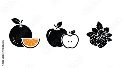 Fruit Icons Set with Orange Apple and Strawberries Vector