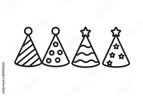 Four Line Art Party Hats on Dark Gradient Background