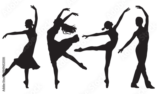 Elegant dancers in dynamic poses, black silhouettes on white