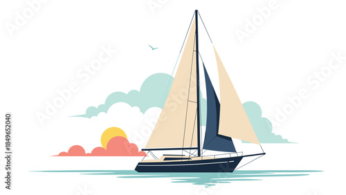 Sailboat on the Sea at Sunset Vector Illustration