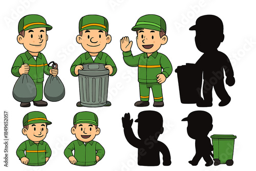 Cartoon Sanitation Workers with Trash Cans and Bags