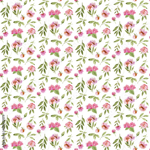 Watercolor floral seamless pattern with pink blossoms 