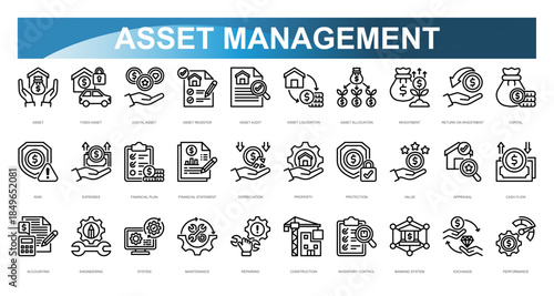 Asset Management icon set. Asset, Fixed Asset, Digital Asset, Asset Register, Asset Audit, Asset Liquidation, Asset Allocation, Investment, Return On Investment, Capital. Vector illustration