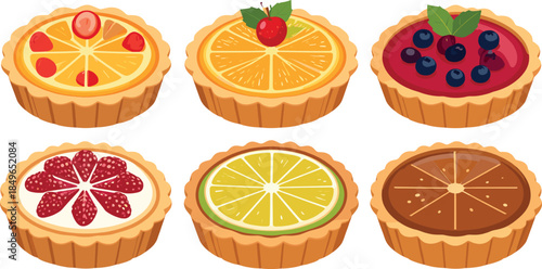 Assorted Fruit and Cream Tarts Set with Citrus and Berry Desserts Illustration