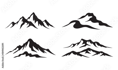 Four stylized mountain silhouettes in black on white background