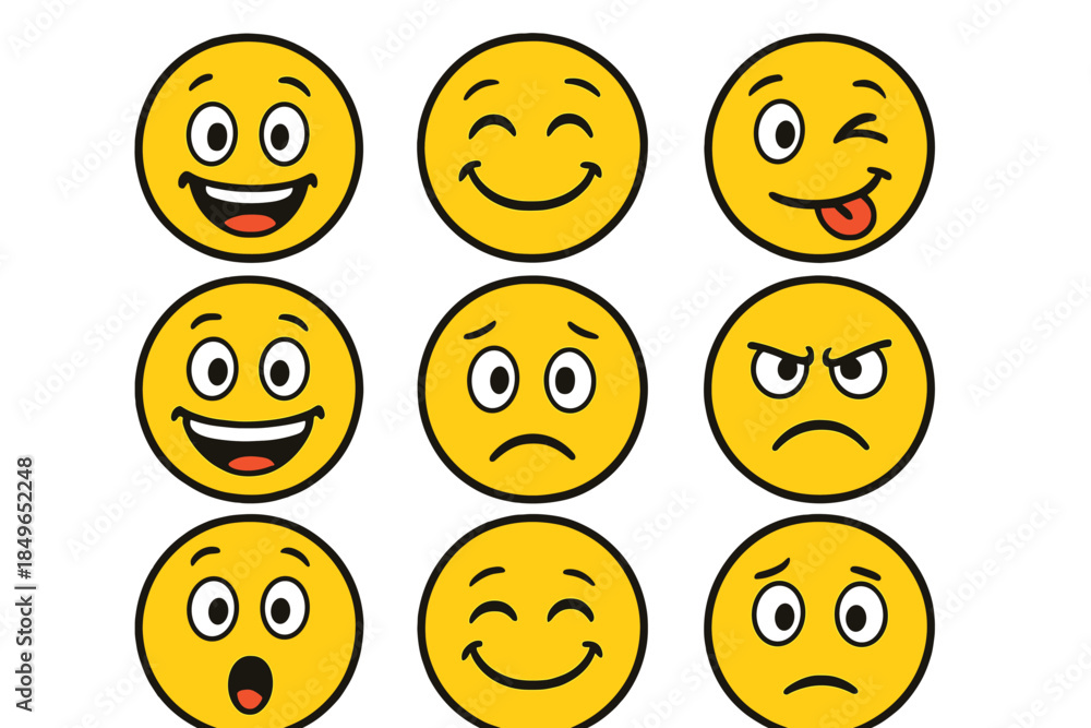Fototapeta premium Nine expressive yellow smiley faces on a brown gradient background