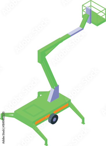 Green lifting platform on wheels extending its arm, ideal for maintenance or construction work at height
