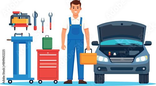 Auto Mechanic with Toolbox Working on Car Repair and Maintenance Illustration