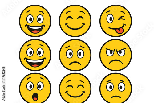 Nine expressive yellow smiley faces on a brown gradient background