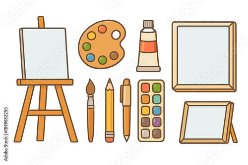 Art supplies and frames on a brown background