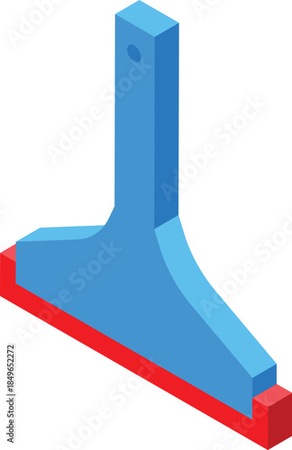Cleaning shower glass squeegee with blue handle and red rubber blade isometric view, cleaning tool for bathroom hygiene