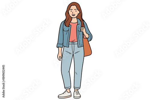 Young Woman in Denim Jacket and Jeans