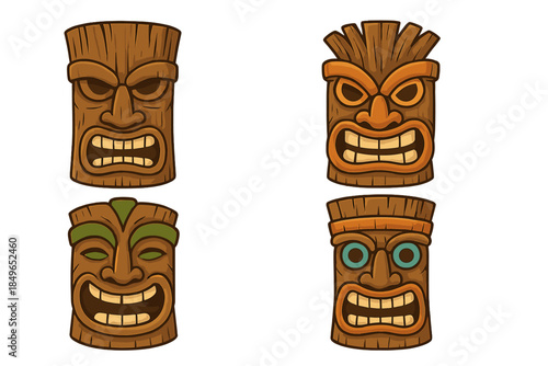Four Tribal Tiki Masks With Different Expressions