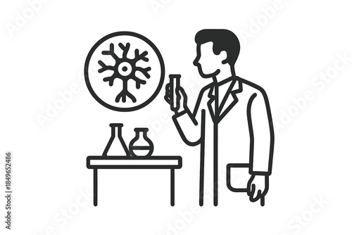 Scientist in Lab Coat Holding Test Tube Next to Neuron Diagram