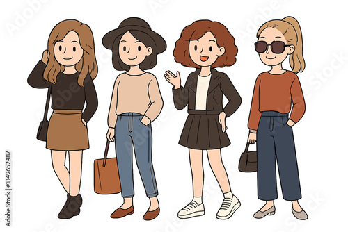 Four stylized cartoon women in trendy outfits