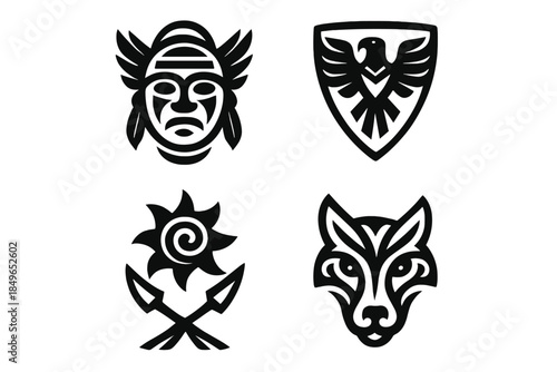 Tribal Icons: Warrior Mask, Eagle Shield, Sun and Arrows, Wolf