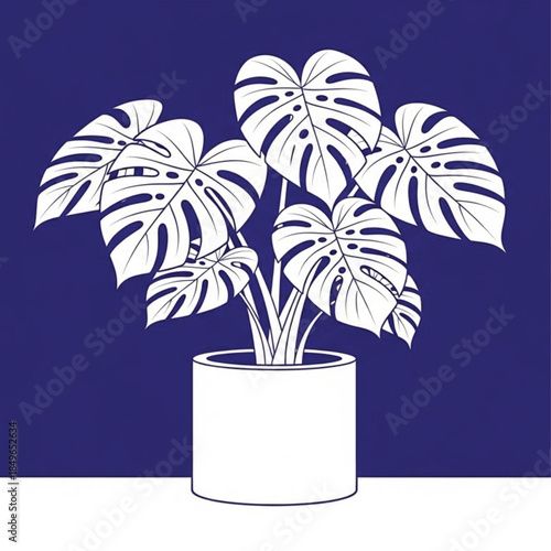 Minimalist White Line Art Monstera Deliciosa Plant Vector on Dark Blue Background