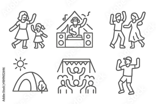 Collection of Outline Icons Representing Outdoor Activities and Entertainment