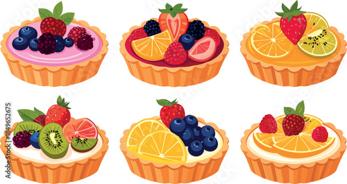 Colorful Fruit Tarts Collection with Fresh Berries and Citrus Toppings Illustration