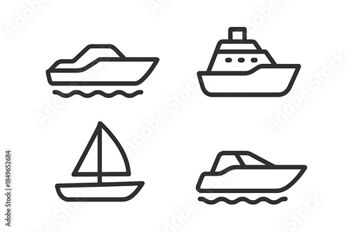 Set of four minimalist boat icons on a dark gradient background