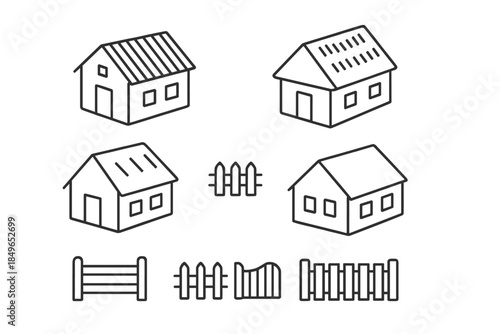 Set of line art houses and fences on a dark background