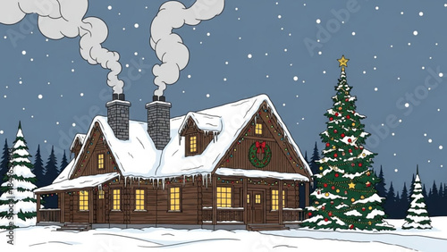 Festive Cabin in Winter Wonderland: A cozy cabin nestled amidst a snowy landscape, adorned with Christmas decorations, emits warmth and holiday cheer. Emitting a cozy atmosphere.