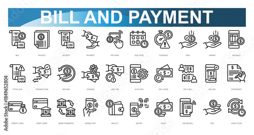 Bill and Payment Icon set. Vector illustration. Bill, Invoice, Receipt, Payment, Pay Now, Due Date, Overdue, Paid, Unpaid, Balance. Vector illustration