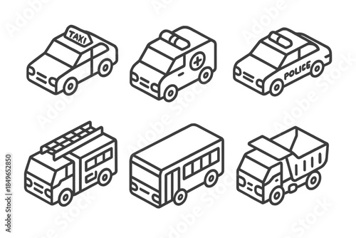 Isometric Outline Icons of Various Vehicles on Dark Background