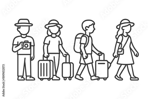 Four tourists with luggage and hats walking