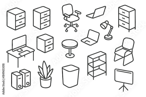 Isometric office supplies icons on a grey background