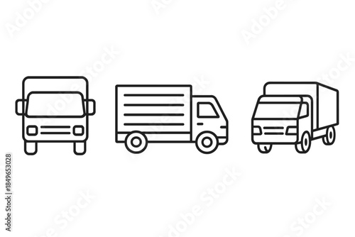 Three simple line art trucks on a grey background